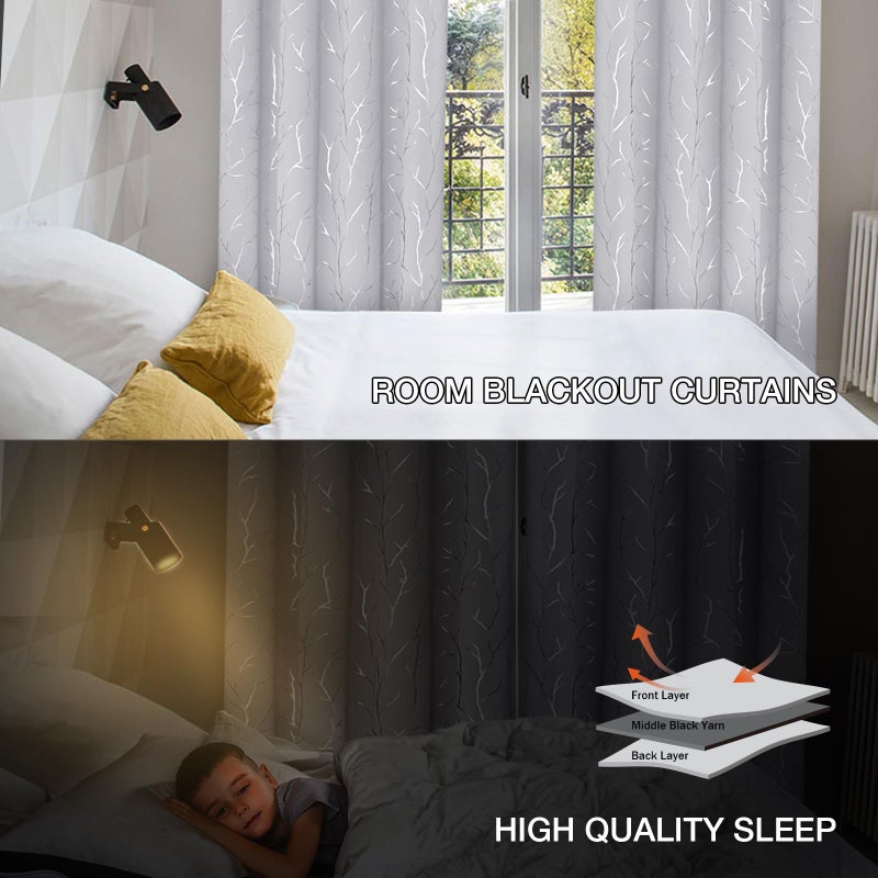 BUHUA White Black Out Curtains 84 Inch Long 2 Panels, Soundproof Curtains with Elegant Silver Tree Branches Print, Heat Blocking Curtains for Livingroom, 52W x 84L, Greyish White - Image 5